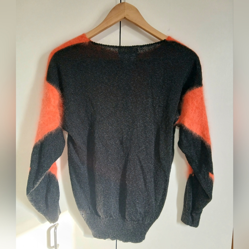 Vintage Franco Valeri Angora Blend Knit Sweater Lg Black Orange Artsy Abstract - Picture 2 of 7